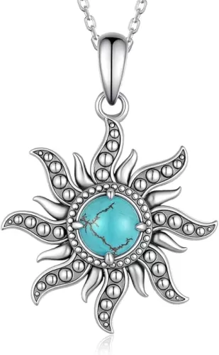 Sun Turquoise Necklace 925 Sterling Silver Genuine Turquoises Sun Necklace Western Nature Gemstone Turquoise Jewelry Gifts for Women