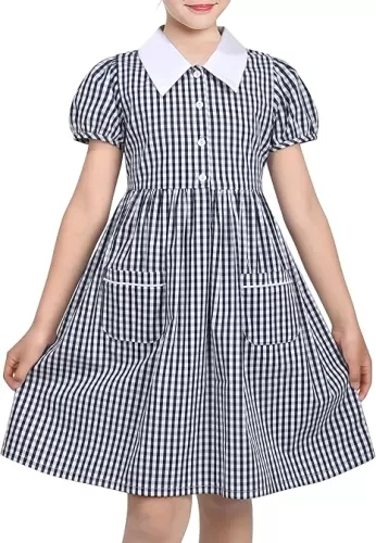 Sunny Fashion Girls Dress Beige Short Sleeve Collar Button Front School Uniform