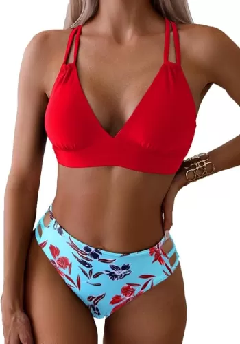 Tainehs Women's Push Up V Neck Bikini Sets Criss Cross Back Two Piece Bathing Suit