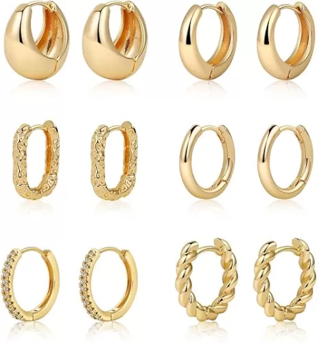 Tasiso Small Hoop Earrings for Women, 6 Pair 14K Gold Plated Huggie Hoop Earrings Lightweight Hypoallergenic Earring Set Cute Earrings Pack for Women Trendy Jewelry Gifts