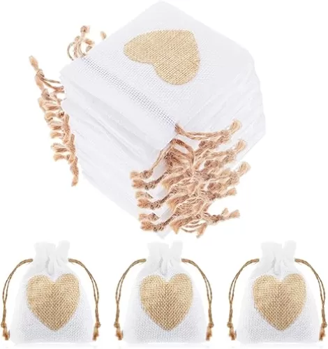Teaaha Valentine's Heart Small Burlap Bags, 10PCS 3.9 x 3 Inch Small Burlap Bags with Drawstring Burlap Gift Bag for Jewelry, Makeup, Valentine's Day, Baby Shower, Party, Wedding, Birthdays