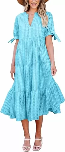 Theenkoln Womens Casual Midi Dress: Short Sleeve V-Neck Empire Waist Gingham Spring Fashion Long Trendy Tiered Formal Dresses