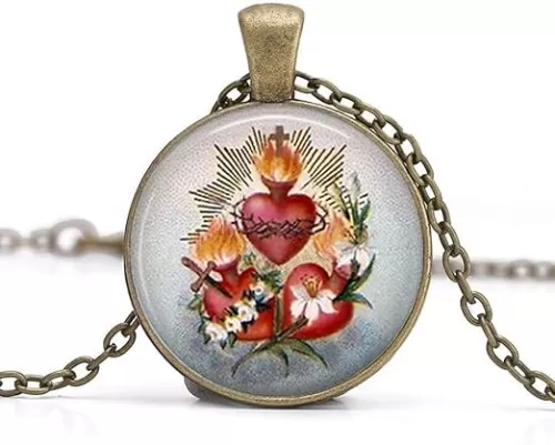 Three Sacred Hearts with Flowers Pendant Necklace Heart of Jesus Religious Jewelry Gift