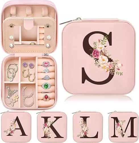 Travel Jewelry Case Box Organizer, Personalized Gifts for Women Wife Mom Aunt, Mothers Day Mom Gifts from Daughter Son, Bridal Shower Giftware for Women, Bridesmaid Proposal Unique Presents, Initial S