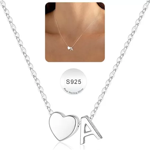 Turandoss S925 Sterling Silver Heart Initial Necklaces for Women Teen Girls, Dainty S925 Sterling Silver Tiny Heart Initial Necklace Letter Necklaces Trendy Jewelry Gifts for Women Teen Girls
