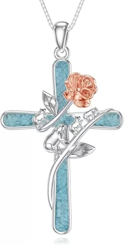 Turquoise Cross Necklace 925 Sterling Silver Animal Cross Pendant Necklace Religious Jewelry Turquoise Gifts