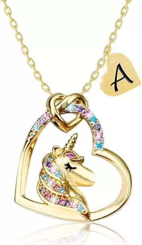 Valentines Day Gifts - Unicorn Necklace Gifts for Girls, Gold CZ Heart Unicorn Jewelry Initial Girls Birthday Colorful Heart Necklace Birthday present