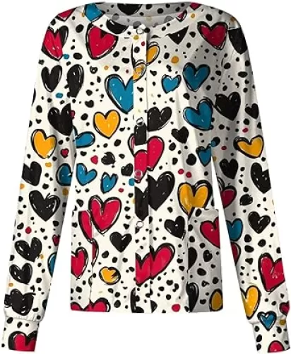 Valentines Day Scrub Jackets for Women Cute HeartsLong Sleeve Medical Nursing Uniforms with Pockets