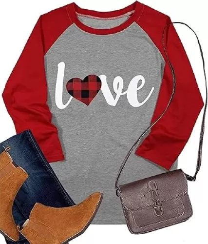 Valentines Shirts Heart Baseball Shirt - Plaid Love Heart Graphic 3/4 Sleeve Shirts for Women Cute Raglan Tops