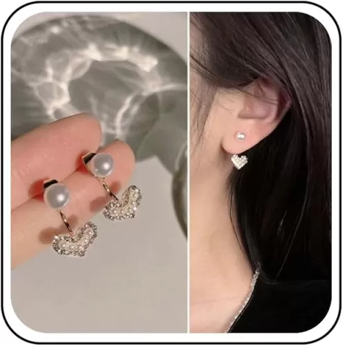 Vintage Crystal Heart Pearl Ear Jacket Earrings Gold Heart Jacket Stud Earrings Small Round Pearl Earrings Cz Love Heart Earrings Jewelry for Women
