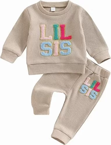 VISGOGO Baby Girl Clothes Lil Sis Big Sis Matching Outfit Long Sleeve Sweatshirt Top 2Pcs Fall Winter Pant Sets