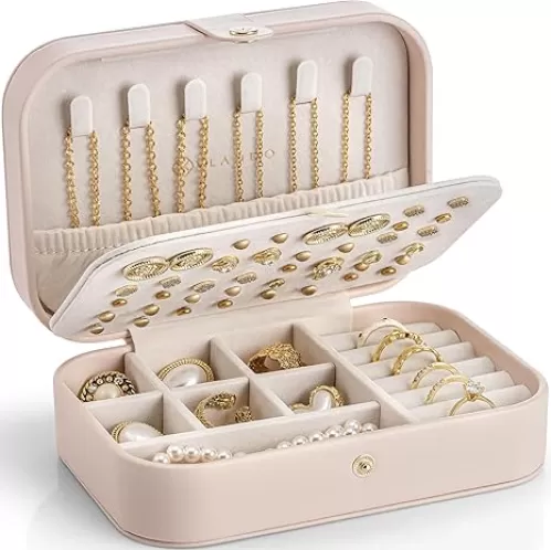Vlando Travel Jewelry Case, PU Leather Travel Jewelry Box with Earring Holder, Portable Display Small Jewelry Box for Mothers Day Women Girls Gift - Pink