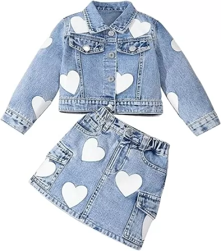 WDIRARA Toddler Girl's Cute 2 Piece Outfits Heart Print Button Down Jacket Cargo Denim Skirt Set