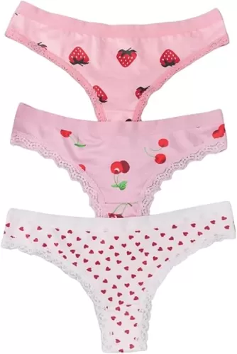 WDIRARA Women's 3 Pack Cute Graphic Panties Set Lace Trim Low Rise Comfy Thong Underwear