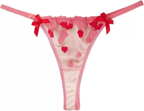 WDIRARA Women's Heart Embroidered G-String Panty Bowknot Low Rise Sexy Thong Underwear