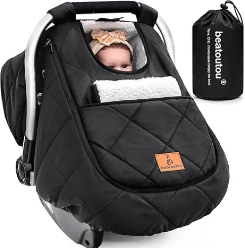 Winter Baby Car Seat Cover, Waterproof Winter Infant Carseat Canopy for Boys Girls, Cold Weather Warm Car Seat Covers for Babies, Keeps Babies Warm and Cozy (Black)