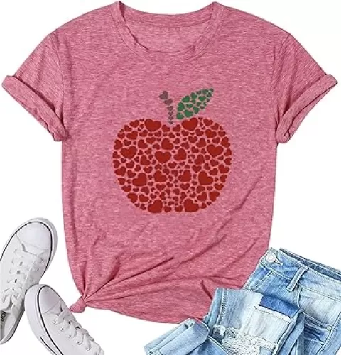 Women Apple Love Print Shirt Heart Graphic Tees Funny Summer Short Sleeve Gift Tops