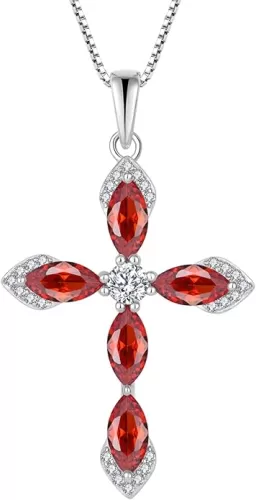 Women Cross Necklace 925 Sterling Silver Halo Gemstone Necklace Crucifix Religious Pendant Birthstone Jewelry Gifts for Her