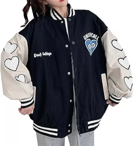 Women Cute Vintage Varsity Jacket Kawaii Heart Print Hip Hop Bomber Jacket Y2K Japanese Korean Preppy Button Up Streetwear