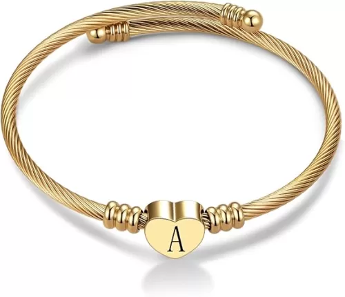 Women Gold Plated Heart Initial A-Z Letter Cuff Bracelets Expandable Stainless Steel Birthday Jewelry
