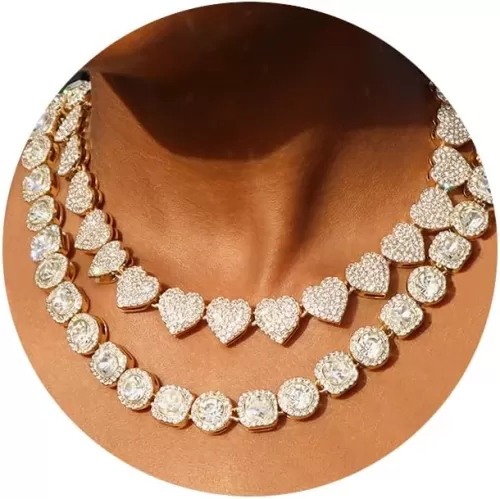 Women's 18+20'' Zinc Necklace, Clustered Diamond Tennis Chain & Heart Necklace Set, Hip Hop Jewelry, Gold, Cuban Link, for Female, Gifts