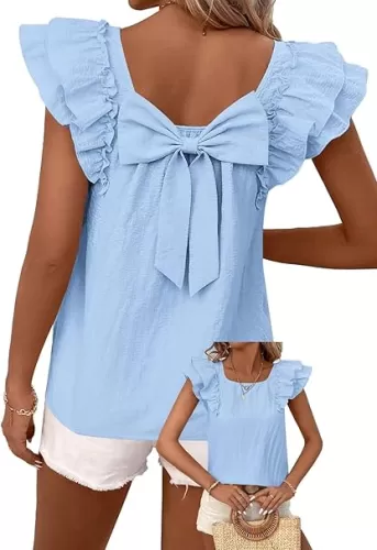 Womens Bow Tie Back Tops Round Neck Ruffle Short Sleeve Shirts Cute Babydoll Chiffon Tee Women Summer Trendy Tunic