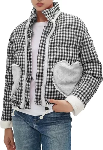 Womens Cropped Puffer Jacket Winter Gingham Plaid Button Down Long Sleeve Padded Coat with Heart Pockets