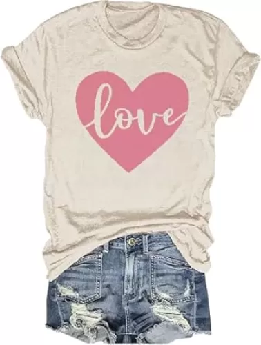 Women's Cute Heart T-Shirt Casual Short Sleeve Love Letter Graphic Printed Tees Tops