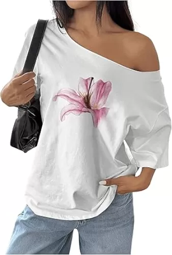 Women's Off The Shoulder Tops Floral Graphic Oversized Tshirts Shirts Y2k Summer Tops Trendy