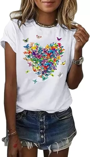 Women's Short Sleeve Heart Butterfly Graphic Tee Shirt Vintage Casual Loose Cotton T Shirt Summer Tops