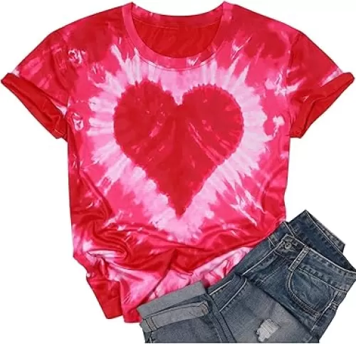 Women's Tie-Dye Heart Graphic T-Shirt - Valentine's Short Sleeve Top, Lover's Gift Casual Tee