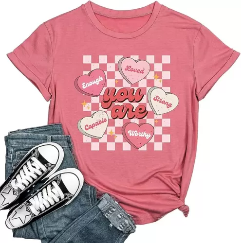 Women's Valentine Shirts Retro Candy Couple Love Heart Teacher You are Enough T-Shirt Casual Lover Gift Blouse Tops