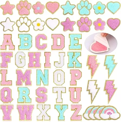 Yilloog 50 Pcs Self Adhesive Chenille Patches Paw Print Smile Face Heart Patch Preppy Sticker Chenille Rainbow Sew on Sticker for Jackets Jeans(Classic Style, Macaron Color)