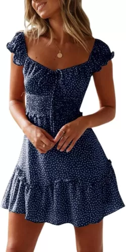 YOBECHO Womens Summer Ruffle Sleeve Sweetheart Neckline Printing Dress Mini Dresses