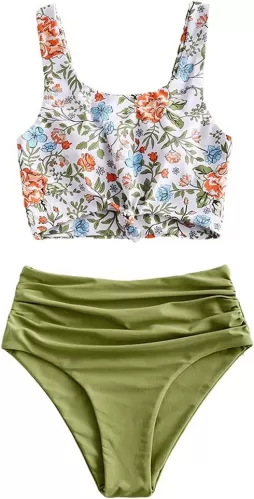 ZAFUL Women's High Waisted Tankini Scoop Neck Knotted Two Pieces Tankini Set Swimsuit