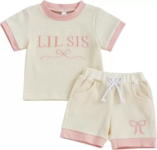 ZAXARRA Toddler Baby Girl Summer Clothes Short Sleeve Letter Embroidery Waffle Tops Bow Shorts Sets Sister Matching Outfits