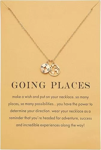 Zealmer Dainty 18K Gold Plated Compass World Map Pendant Necklace Graduation Gift for Friends