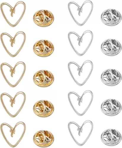 10Sets Heart Shape Modesty Pins Hardware Brooch Pins Decorative Dainty Pins for Scarf, Bag, Dress, Lapel, Gold and Silver