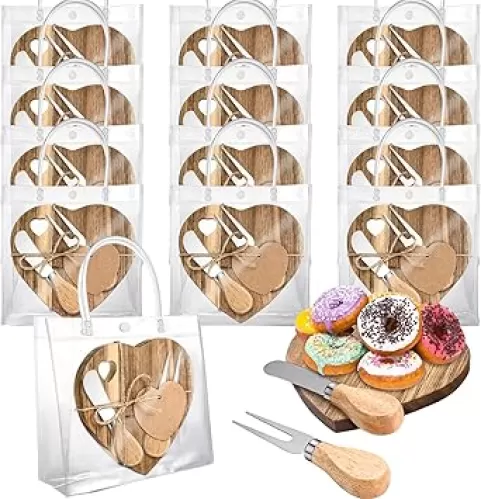 12 Set Heart Shaped Charcuterie Board Wood Mini Charcuterie Board With Cheese Knives Fork Set Bridal Shower Favors for Guest Bridal Baby Shower Prize Wedding Birthday (Wood color 12Sets)