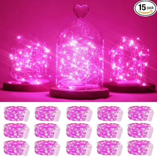 15 Packs 20 Led Pink Fairy String Lights Battery Operated 6.6ft Silver Wire Firefly Starry Lights Waterproof for Bedroom DIY Table Bottle Wedding Valentine