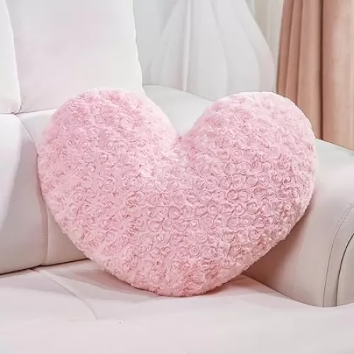 17.7In Pink Heart Pillow Accent Pillow Decorative Throw Pillows for Chair Bed Couch and Living Room; Fabric with Delicate Rose Pattern, Available in 9 Colors, Perfect for Home Decor & Gift