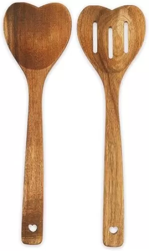 2 Pcs Heart Shaped Spoon, Wooden Spoon Set with Long Handle and Hanging Holes for Cooking, Kitchen Utensil for Housewarming, Valentines, Birthday, Wedding, Mother's Day Gifts