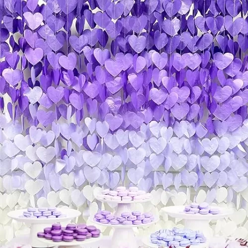 205Ft Lavender Party Decoration Ombre Purple White Heart Backdrop Streamer Tissue Paper Heart Hanging Garland for Birthday Valentines Day Bachelorette Wedding Bridal Shower Lilac Violet Party Supplies