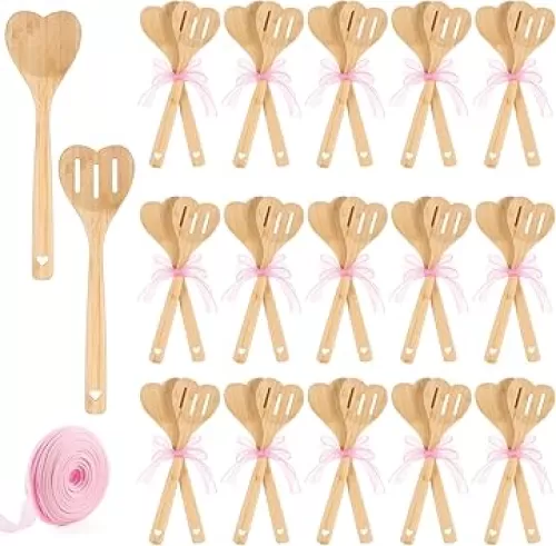 24 Pcs Wooden Heart Spoons Bulk with Fishtail Ribbon Wedding Bridal Baby Shower Favor Kitchen Utensils Accessories for Housewarming Wedding Christmas Birthday Party Gifts