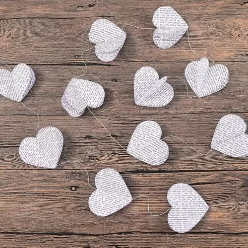 4 Pack Heart Shaped Book Pages & Newspaper Bunting Strand String Banner Wedding And Christmas Garland Decorator (White Heart)