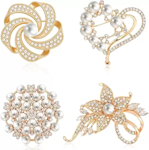4 PCS Heart Pearl Brooch Set Crystal Bling Elegant Imitation Large Pearl Floral Crystal Pins Metal Flower Shawl Clip Sweater Shawl Clips Buckle Decoration Accessories for Women Wedding Bouquet