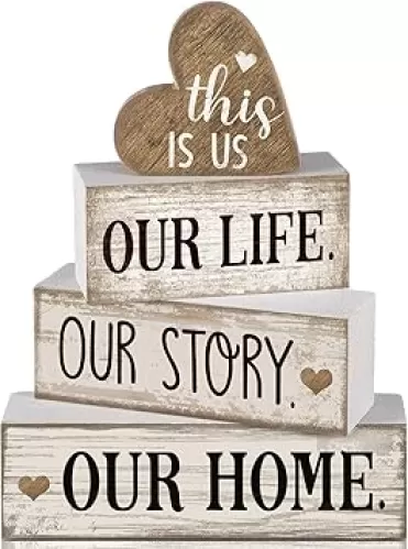 4 Pcs Wooden Farmhouse Tabletop Decor Farmhouse Tiered Tray Decor Our Home Centerpiece Wooden Heart Rustic Decorative Block Sign for Table Kitchen Shelf Desk Decoration