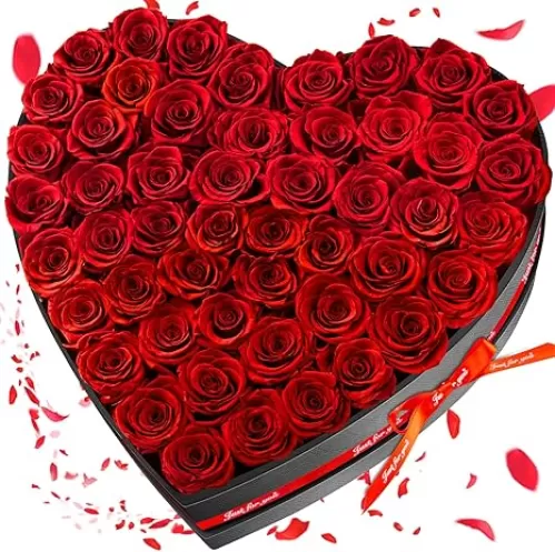 50 Forever Flowers, Preserved Rose in Heart Shape Box, Eternal Roses, Birthday Gifts for Women, Wife, Her, Mother's Day -Red