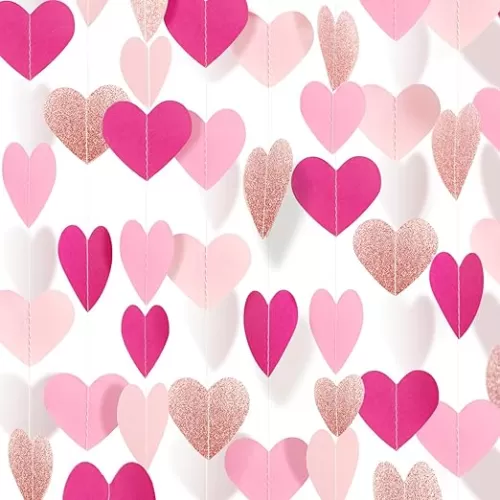 52 Feet Heart Streamers Paper Garlands Valentines Day Party Decorations Hot-Pink Rose-Gold Hanging Love-Heart Garland Banner for Mothers Day Wedding Engagement Girls Birthday Party Supplies