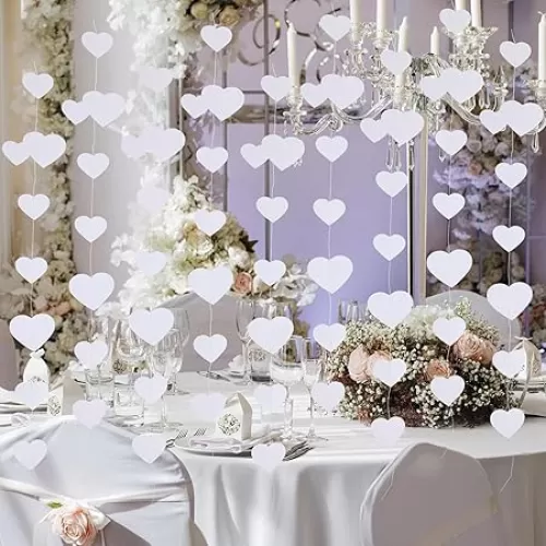 52 Ft White Heart Garland, Party Decorations Wedding Hanging Tinsel Streamer Banner for Birthday Anniversary Bridal Shower Engagement Bachelorette Galentines